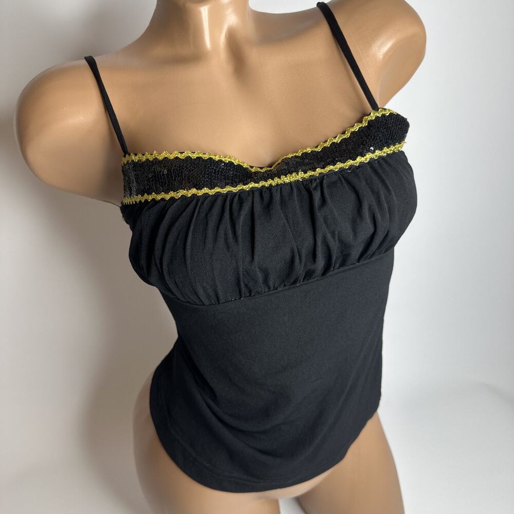 Vintage Y2K Black Sequin Lace Trim Camisole Top Womens XS Small McBling Tank